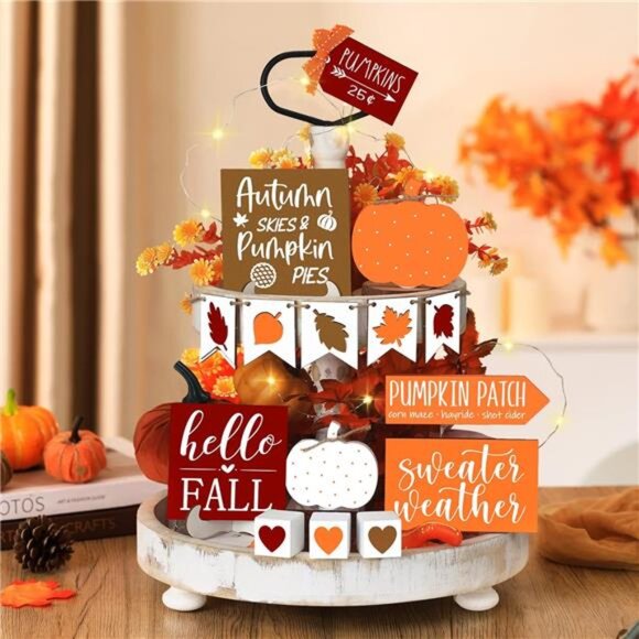 15 Pcs Fall Tiered‎ Tray Decor Set, Wooden Signs & Gnomes for Thanksgiving Decor - Picture 2 of 7